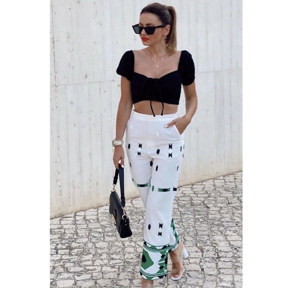 Zara white embroidered linen pants- high waisted/straight leg with pockets - Picture 2 of 4